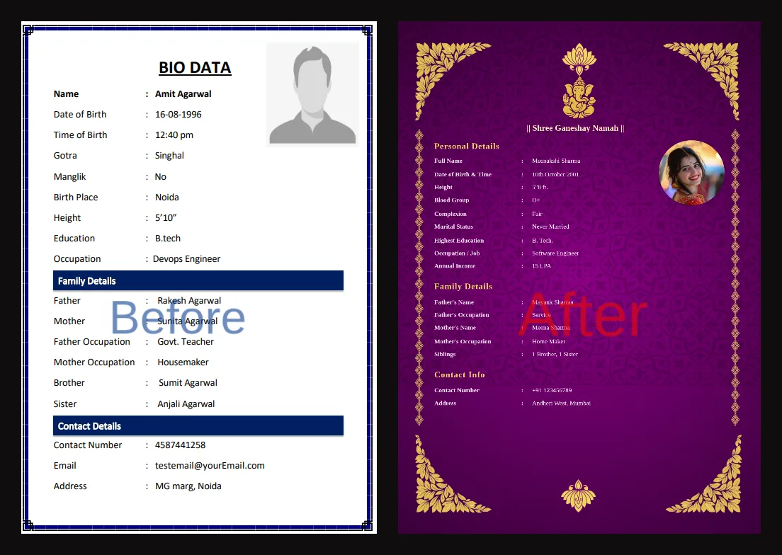 Before and after comparison — plain Word biodata vs BiodataBuilder PDF